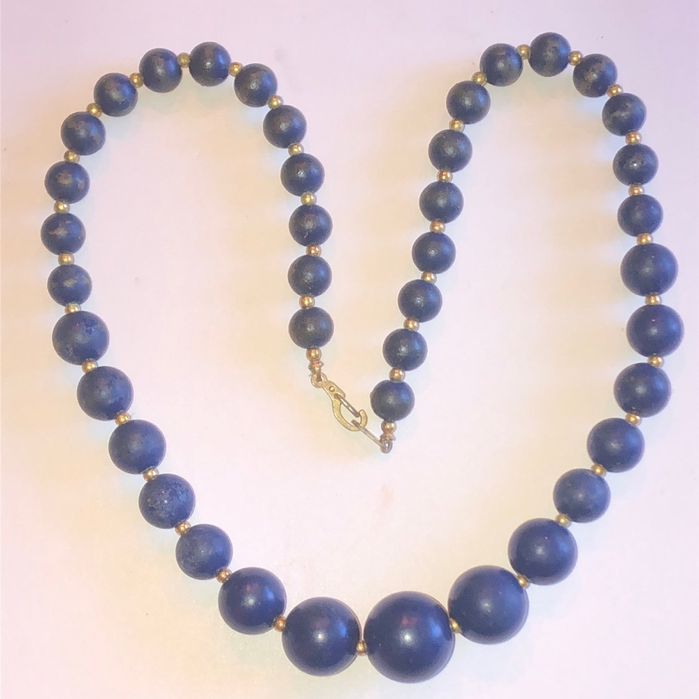 Vintage Navy Beaded Boho Necklace with Gold Tone Accents - Picture 1 of 6